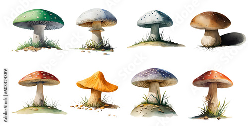 Watercolor mushroom set on transparent background. Generative Ai