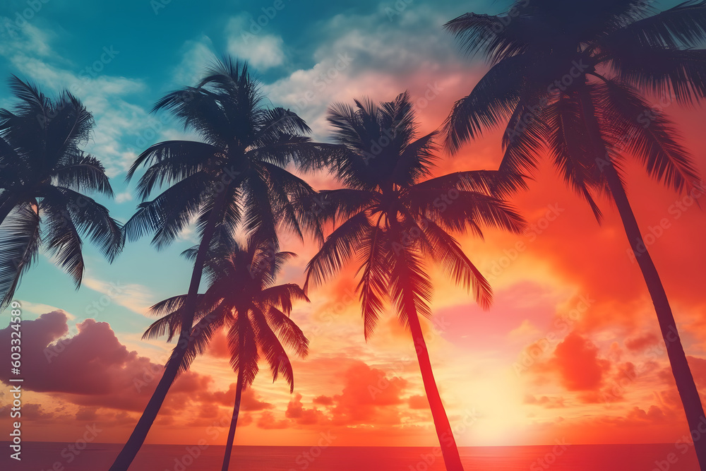 Sunset palm colourful background ai generated art