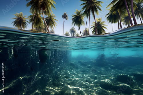 underwater tropical island with palm trees ai generated art