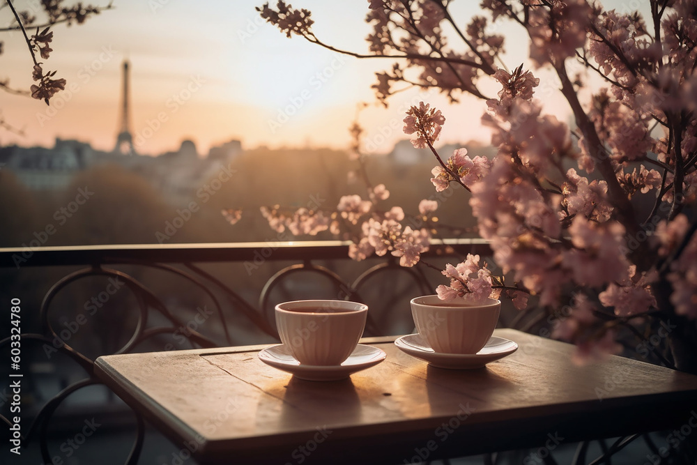 Cup of coffee cappuccino latte with Paris Eiffel tower view in the spring. Abstract, relax vintage style background Generative AI Cup of coffee cappuccino latte with Paris Eiffel tower view in the spring. Abstract, relax vintage style background Generative AI