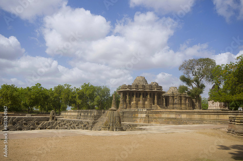 Outer view of the Sun Temple on the bank of the river Pushpavati. Built in 1026 - 27 AD during the reign of Bhima I of the Chaulukya dynasty. Modhera village of Mehsana district, Gujarat, India