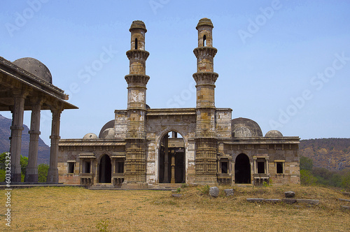 Outer view of Kevada Masjid (Mosque), has minarets, globe like domes and narrow stairs, UNESCO protected Champaner - Pavagadh Archaeological Park, Gujarat, India photo