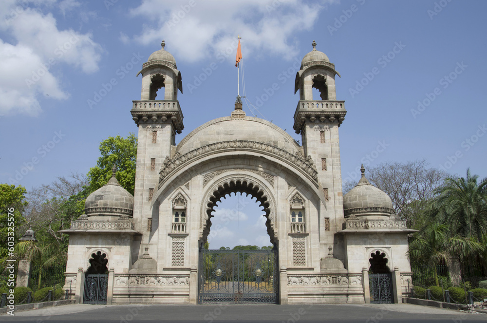 Royal entrance gate of The Lakshmi Vilas Palace, was built by Maharaja Sayajirao Gaekwad 3rd in 1890, Vadodara (Baroda), Gujarat, India