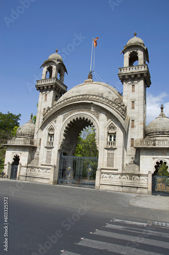 Royal entrance gate of The Lakshmi Vilas Palace, was built by Maharaja Sayajirao Gaekwad 3rd in 1890, Vadodara (Baroda), Gujarat, India photo