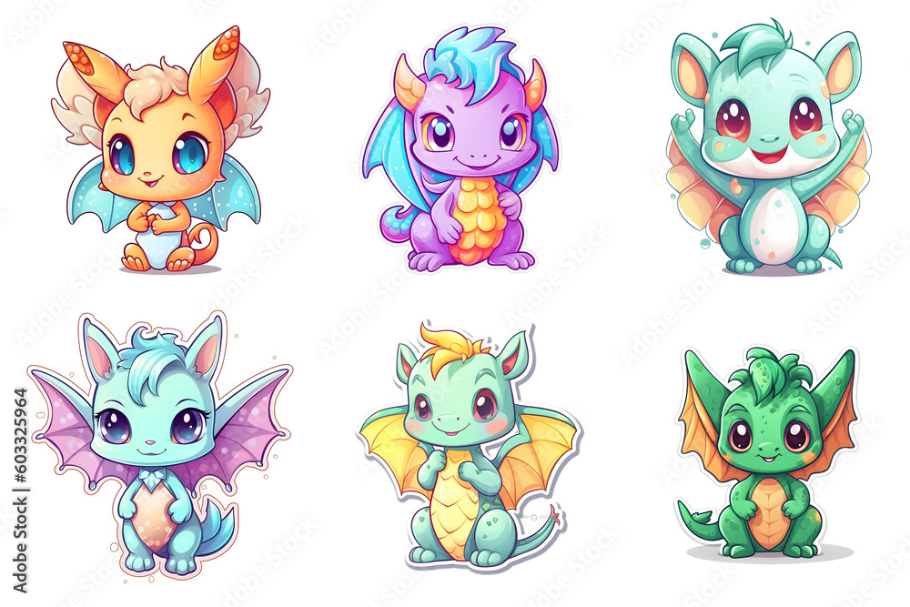 Naklejka premium set of friendly little dragon stickers, ai tools generated image