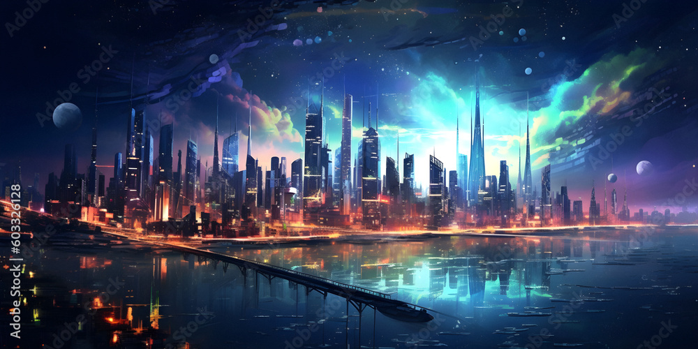 Fantasy night city, nightcore style,  nightcore background