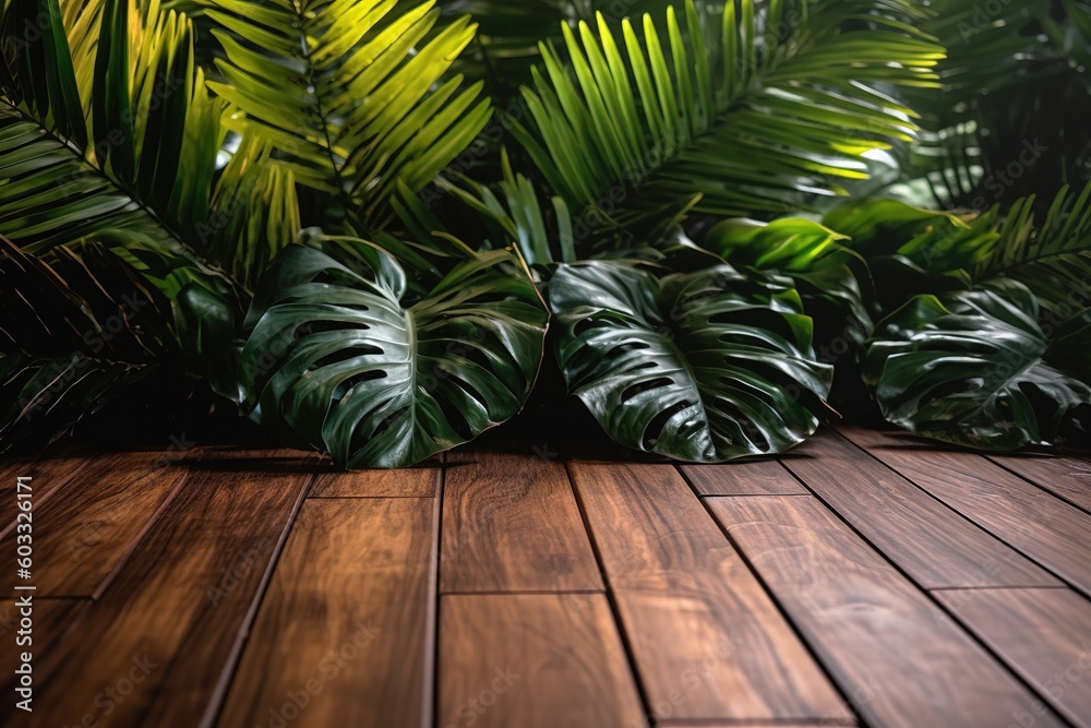 Dark wood table top stand, product display with tropical nature concept, blurred tropical leaves background Dark wood table top stand, product display with tropical nature concept, blurred tropical leaves background