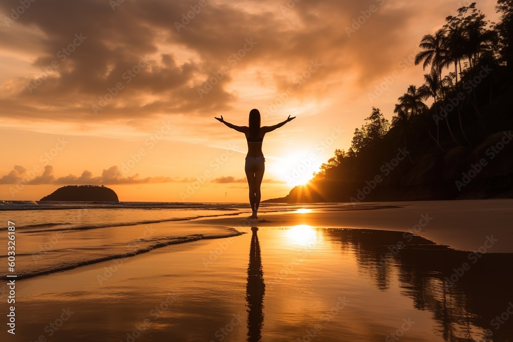 Serene silhouette of a woman engaged in yoga on a tranquil beach in Thailand, exuding calmness and serenity, generative ai beautiful art