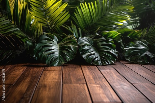 Dark wood table top stand, product display with tropical nature concept, blurred tropical leaves background