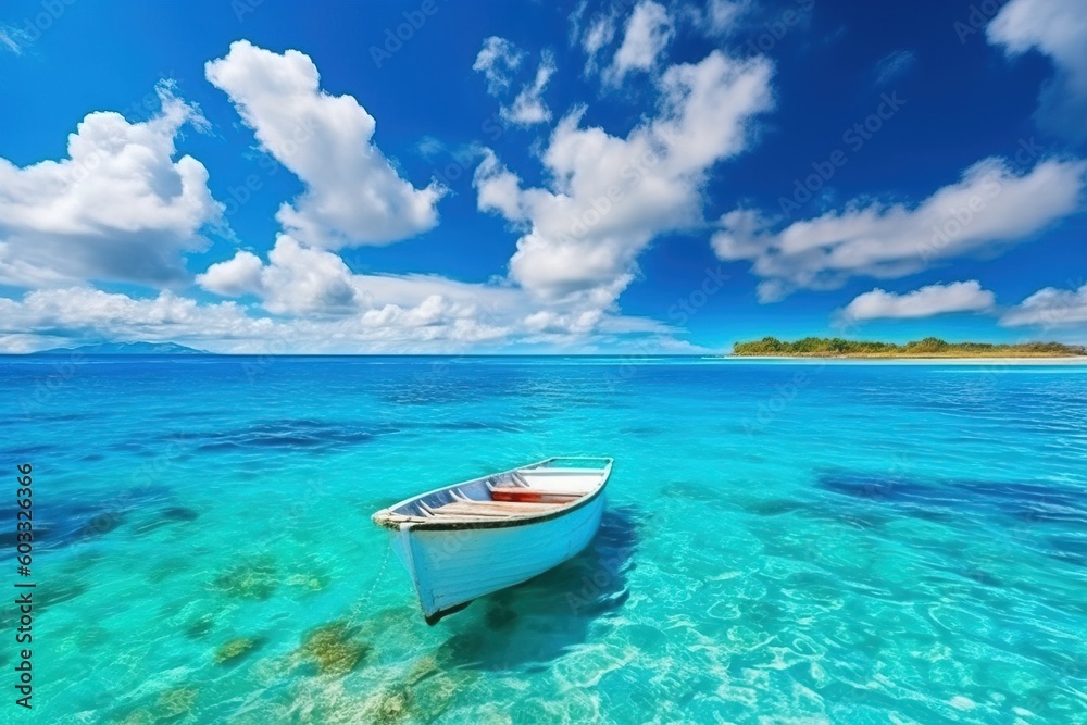 boat on a great blue sea with blue sky and clouds Generative AI boat on a great blue sea with blue sky and clouds Generative AI