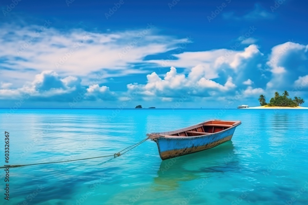 boat on a great blue sea with blue sky and clouds Generative AI