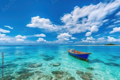boat on a great blue sea with blue sky and clouds Generative AI © Nico