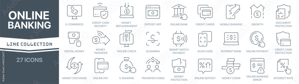 Online banking linear signed icon collection. Signed thin line icons ...