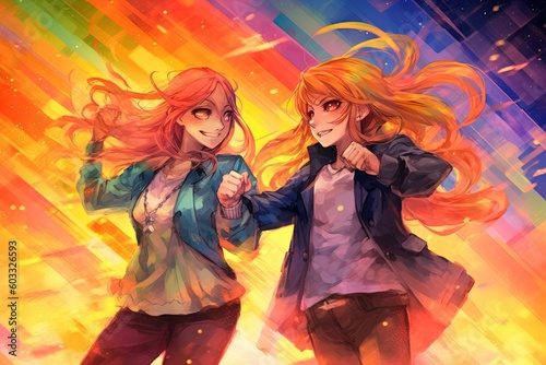 Two lgbtq + anime characters gay and lesbian dancing dressed in rainbow colors, rainbow colors background, manga style illustration generative ai