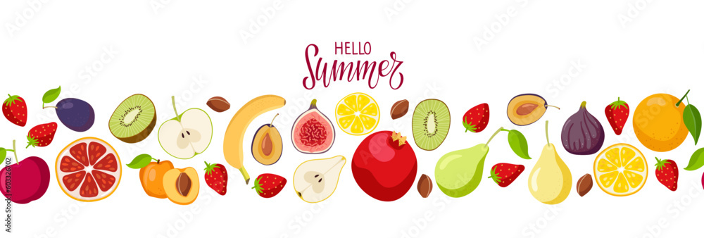 Hello Summer text and Seamless border with Fruits and berries. Fresh Natural organic food for menu, market, vegetarian shop, greeting card and invitation, summer parties. Ingredients for cooking Hello Summer text and Seamless border with Fruits and berries. Fresh Natural organic food for menu, market, vegetarian shop, greeting card and invitation, summer parties. Ingredients for cooking