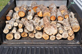A mix of hardwood and softwood logs on pickup truck bed