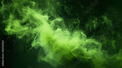 Smoke veil. Paint water. Night haze. Lime green color glitter dust particles mist floating on dark black abstract art background with copy space