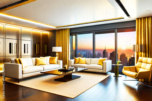 luxury elegant modern futuristic gold living room with big windows minimalistic mockup with generative ai technology