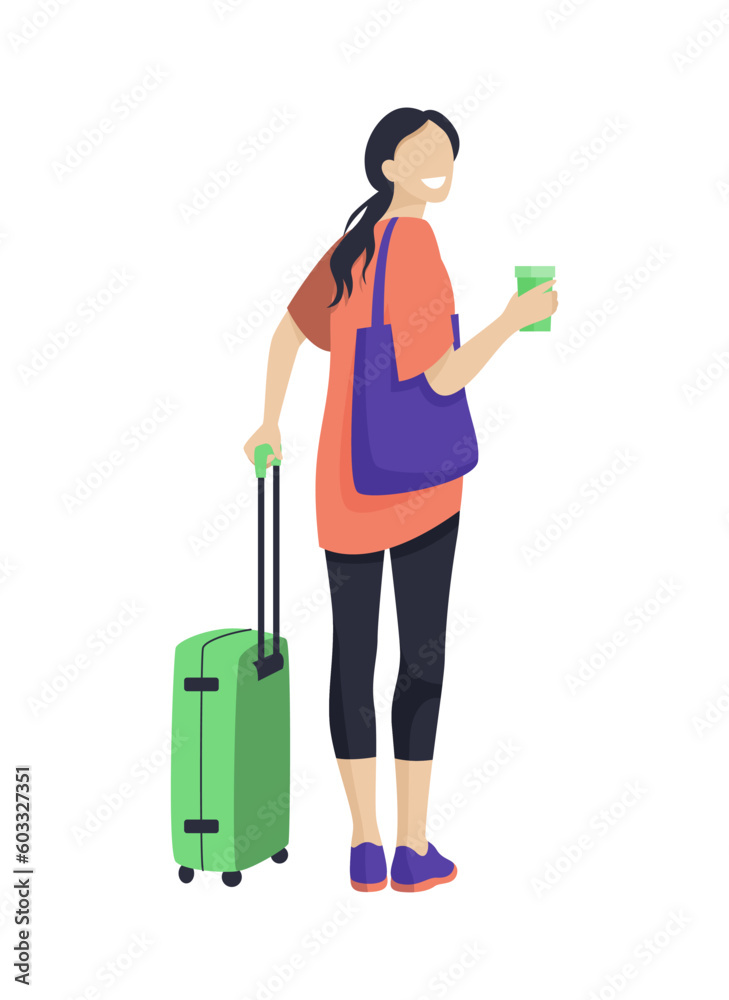Travel and tourism concept. A woman with a suitcase in her hand. Back view. Cartoon vector illustration Travel and tourism concept. A woman with a suitcase in her hand. Back view. Cartoon vector illustration