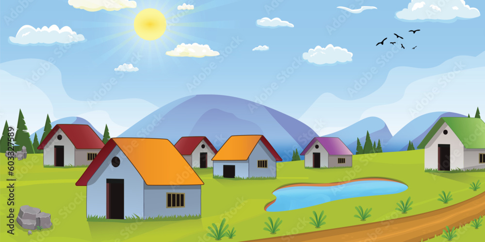 Evening village scene landscape cartoon background of green meadows and surrounded by trees and mountains.