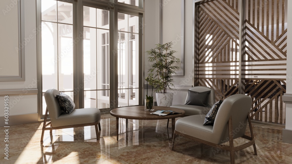 large and spacious interior of the lobby in the hotel, 3D illustration, cg render large and spacious interior of the lobby in the hotel, 3D illustration, cg render