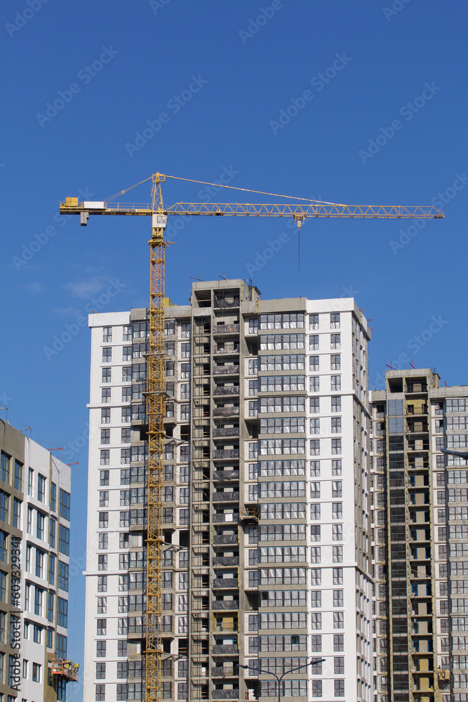 Construction site. Reinforced concrete frames of multi-storey buildings and construction cranes. Against the background of the blue sky.