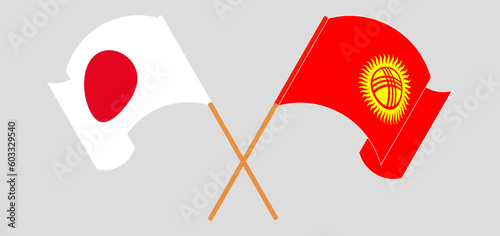 Crossed and waving flags of Japan and Kyrgyzstan