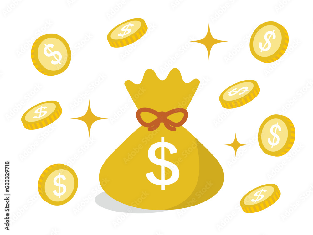 稼ぐ、富、財産、報酬、褒賞、給料、給与、お金、財産、ボーナスのイメージのイラスト（舞うコインとお金の入った袋）