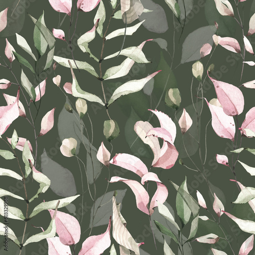 Pale green and pink wild twigs and branches with leaves. Watercolor floral seamless pattern. Dark green background