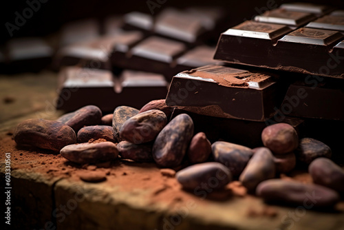 Cocoa beans and a piece of dark chocolate.