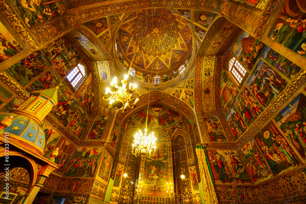 Fabulous interior view of prayer hall at the Holy Savior Cathedral (Vank Cathedral) in the New Julfa district. Carpets and frescos of the Armenian Apostolic Church.