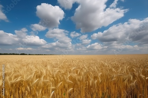A field of golden wheat under a blue sky generated by AI