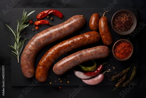 Sausages with many ingredients. Generative AI