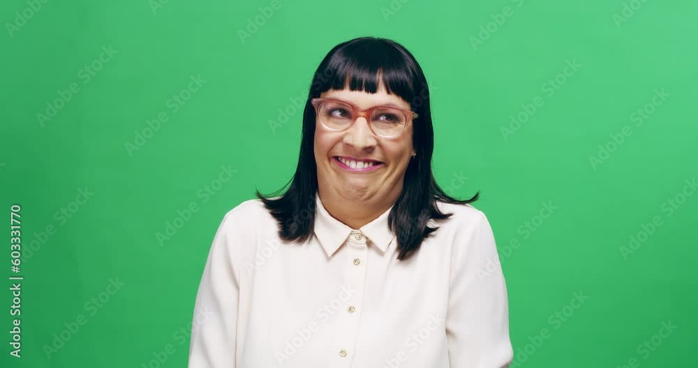 Emoji, woman with funny face and in green screen with background. Comedy or comic entertainment, crazy or weird glasses and geek female person with fun or laughing facial expressions in a chroma key