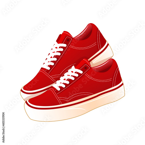 Vector illustration of red high sneakers in cartoon style. Sneakers and hearts icon