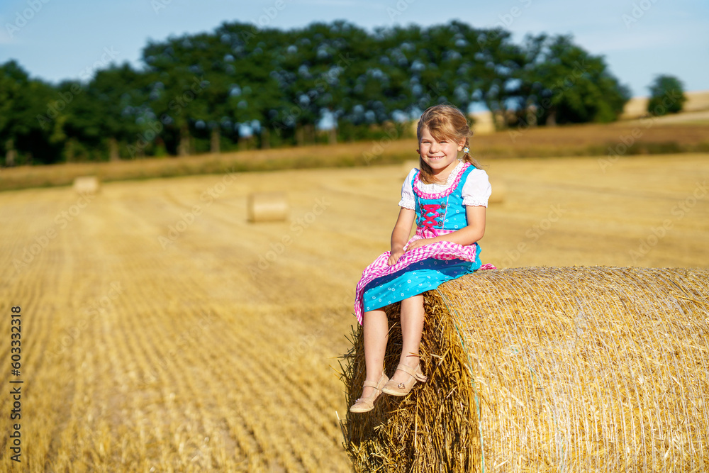 Cute little kid girl in traditional Bavarian costume in wheat field. Happy child with hay bale during Oktoberfest in Munich. Preschool girl play at hay bales during summer harvest time in Germany. Cute little kid girl in traditional Bavarian costume in wheat field. Happy child with hay bale during Oktoberfest in Munich. Preschool girl play at hay bales during summer harvest time in Germany.
