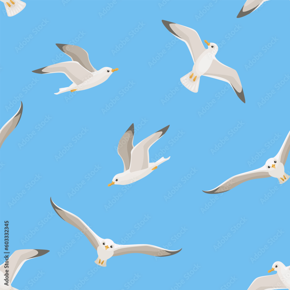 Fototapeta premium Seagulls flying against the blue sky. Vector background with cartoon sea birds. Seamless pattern.