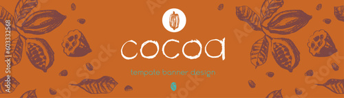 Brown banner template with cocoa beans pattern seamless with cacao bean hand drawn illustrations. Chocolate packaging design, cocoa powder label, organic cacao butter backdrop. Cocoa cosmetics.