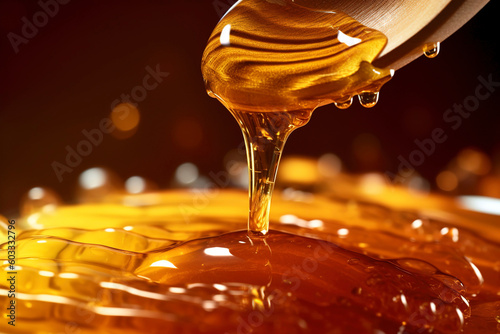 Close - up shot of golden honey dripping from a honey dipper.