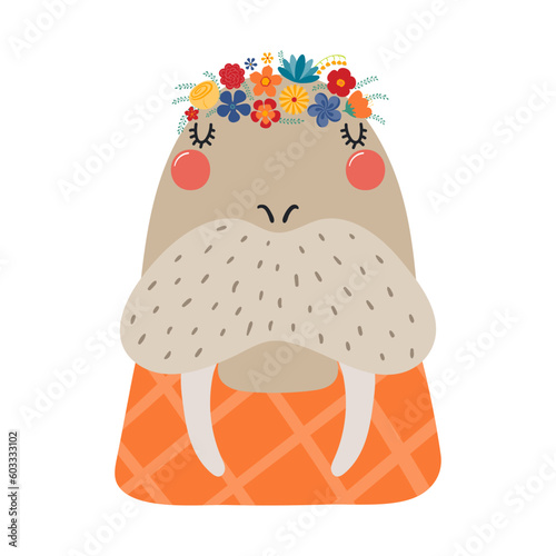 Cute funny walrus in floral wreath, t-shirt. Hand drawn cartoon character illustration. Scandinavian style flat design, isolated vector. Kids print element, flower crown, summer blooms, blossoms