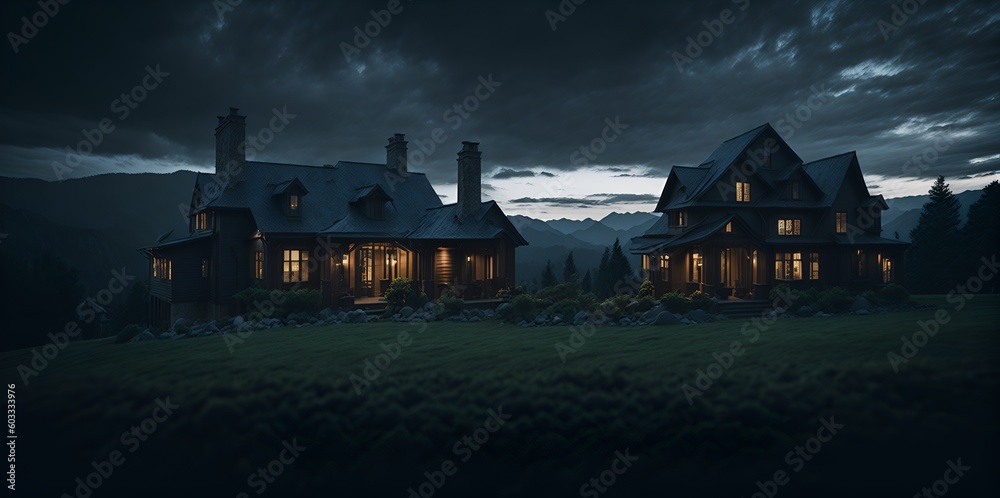 Illustration of a solitary house in a dark field at night created with Generative AI technology - obrazy, fototapety, plakaty 
