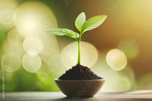 Seedling plant in a pot Ona blurry green background generative ai
