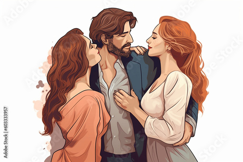 a man embraces two women, the concept of open relationship and polygamy, created by a neural network, Generative AI technology