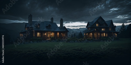 Illustration of a solitary house in a dark field at night created with Generativ Fototapet
