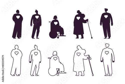 Different people silhouettes and line vector illustrations set. Drawing of outlines and silhouettes of men and women with physical disabilities. Inclusion, diversity, disability, community concept