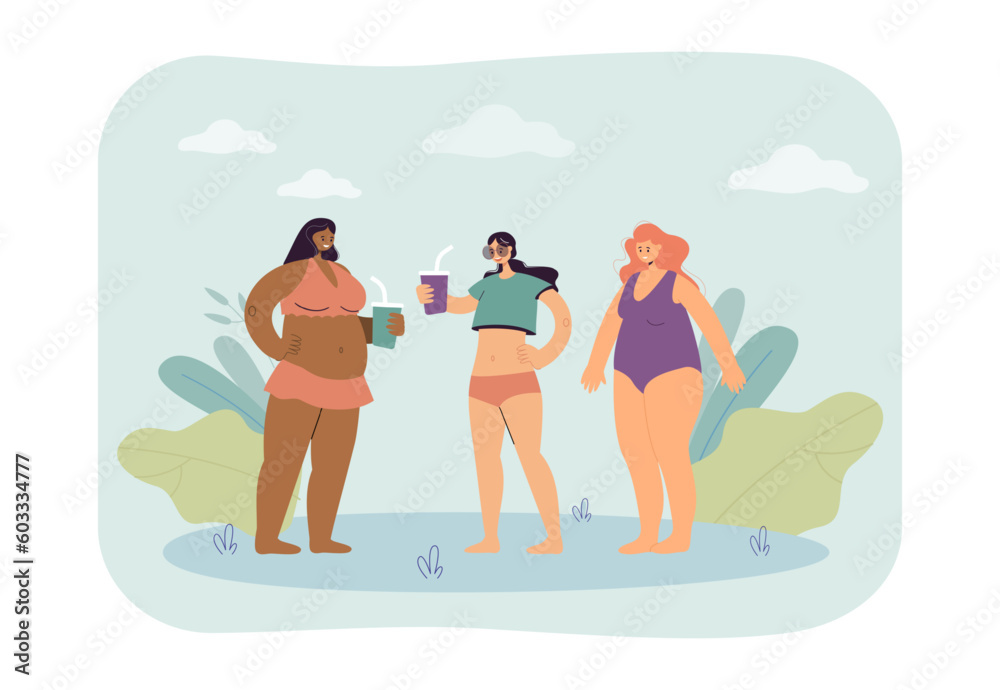 Women with different body types vector illustration. Group of happy female friends in swimsuits spending time together, having drinks. Body, figure, diversity, fitness, health care concept