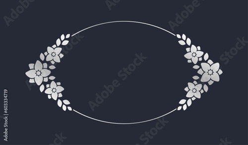 Silver geometric floral frame template. Luxury golden frame border for invite, wedding, certificate. Vector art with flowers and leaves.