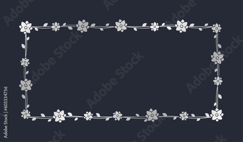 Rectangle silver floral frame template. Luxury golden frame border for invite, wedding, certificate. Vector art with flowers and leaves.