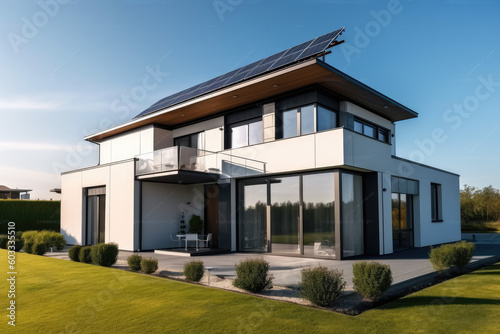 Solar panels on roof of the modern house, photovoltaic green renewable energy powered home, ecology, nature harmony  © AdamantiumStock