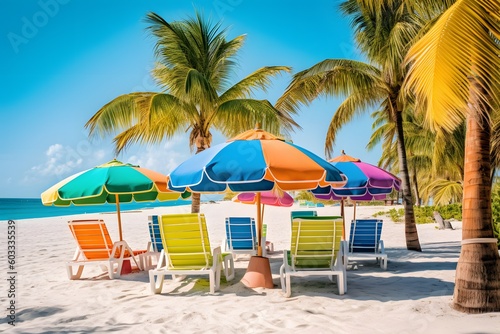 Brightly colored beach chairs and umbrellas  on a beach with a palm tree backdrop  Generative AI